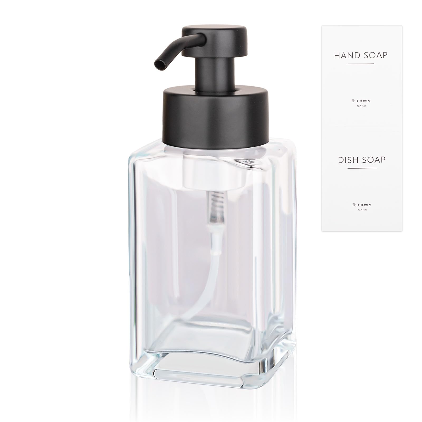 Foaming Soap Dispenser with Stainless Steel Pump 12oz Refillable Glass Liquid Dish Soap Bottles for Bathroom Kitchen Sink Home Decor