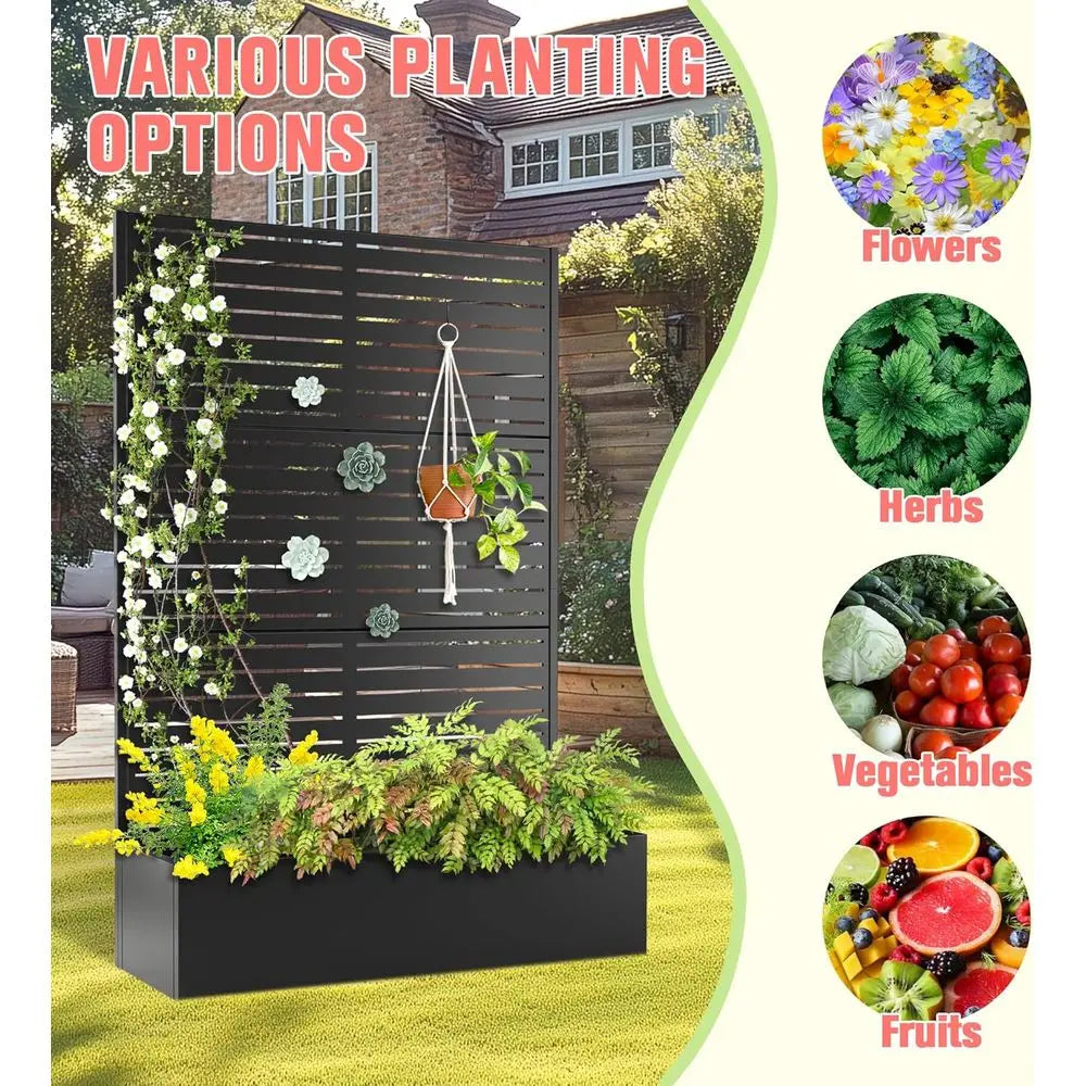 Black 47L x 17W x 71H Metal Planter with Trellis, Drainage, and Privacy Screen for Climbing Plants