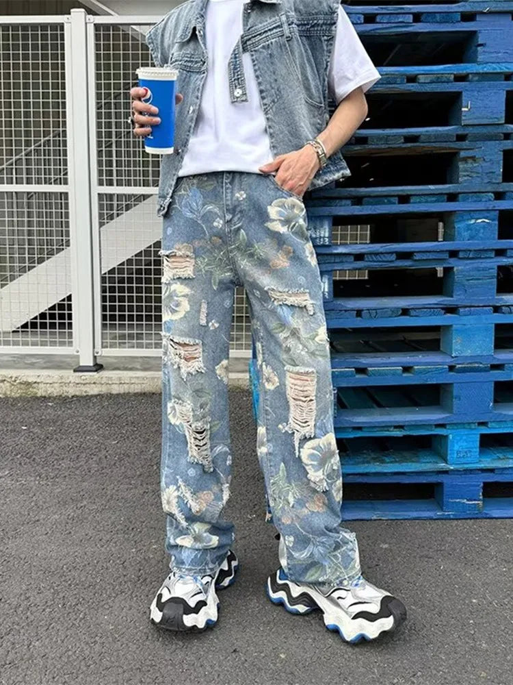 2024 Ropa Y2K Streetwear Flowers Print Ripped Baggy Jeans Pants Men Design Clothes Straight Grunge Denim Trousers Pantalon Homme