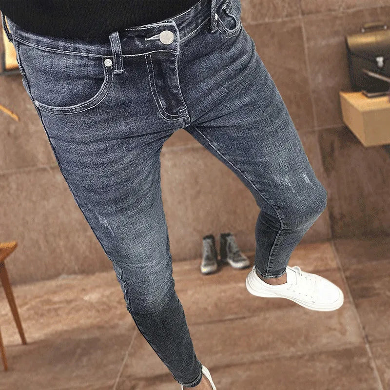 Black Patch Ripped Jeans Fashion Korean High Street Beggar Pants Knee Raw Edge Men's Spring and Autumn Pantalon Skinny Homme