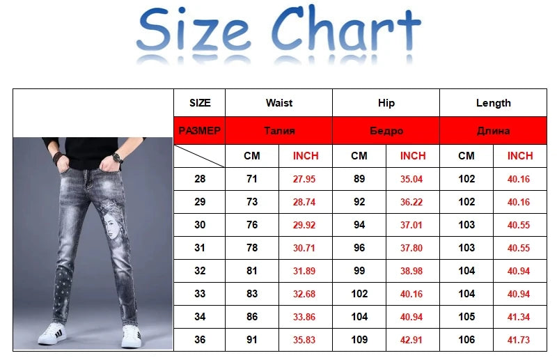Y2K Spring New Men Beauty Printed Jeans Fashion Slim Small Feet Cargo Jean Pants Brand Quality Man Denim Trouser Pantalon Homme