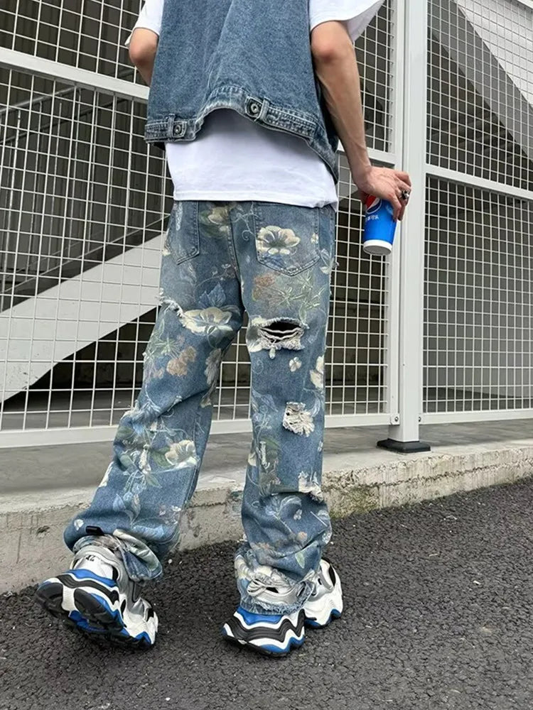 2024 Ropa Y2K Streetwear Flowers Print Ripped Baggy Jeans Pants Men Design Clothes Straight Grunge Denim Trousers Pantalon Homme