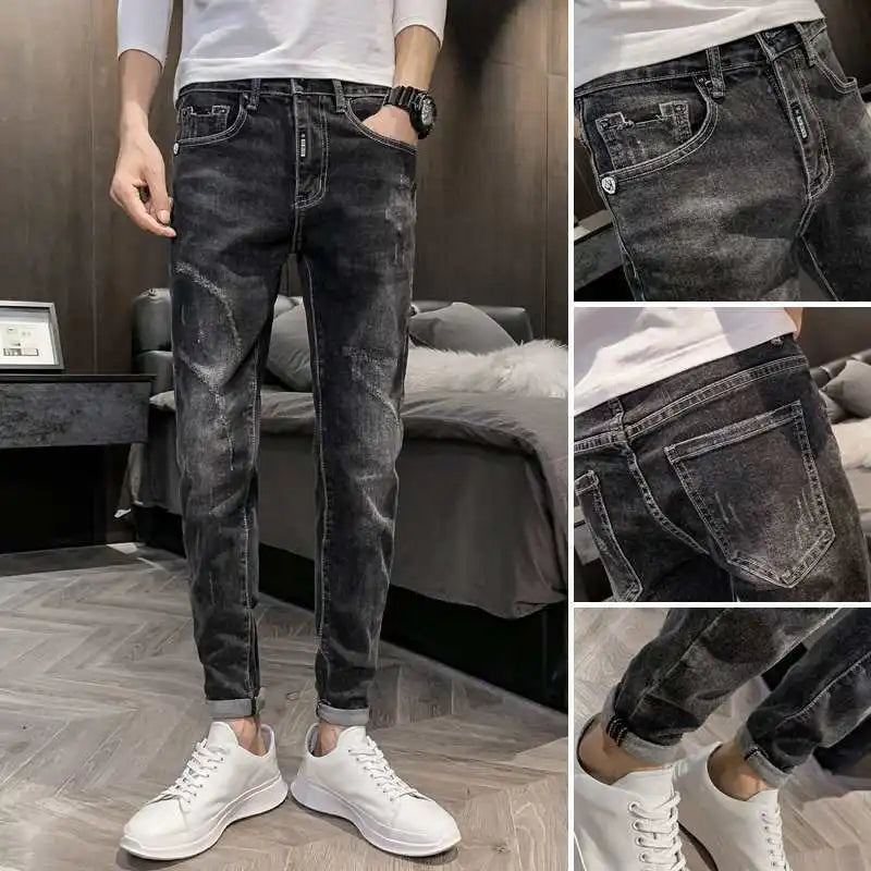 Black Patch Ripped Jeans Fashion Korean High Street Beggar Pants Knee Raw Edge Men's Spring and Autumn Pantalon Skinny Homme