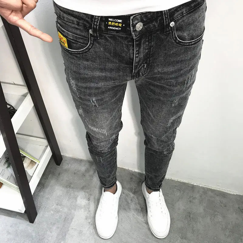 Black Patch Ripped Jeans Fashion Korean High Street Beggar Pants Knee Raw Edge Men's Spring and Autumn Pantalon Skinny Homme