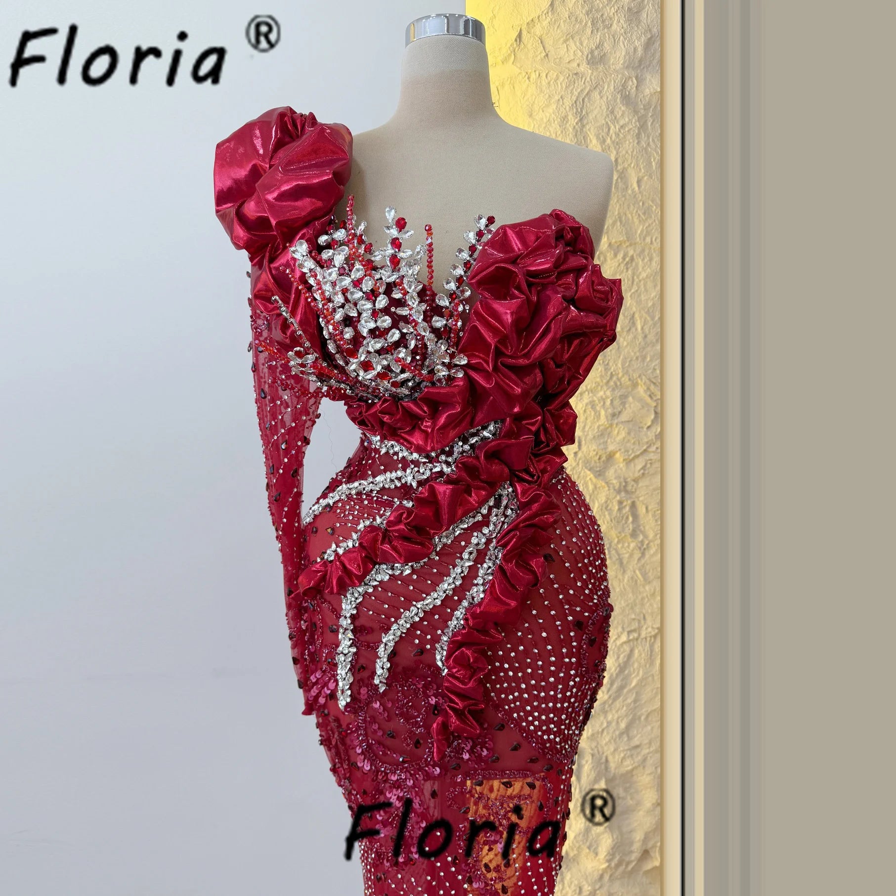 Luxury Red Dubai Wedding Dress One Shoulder Beaded Crystal Mermaid Bride Party Gowns Customized African Woman Vestidos de fiesta