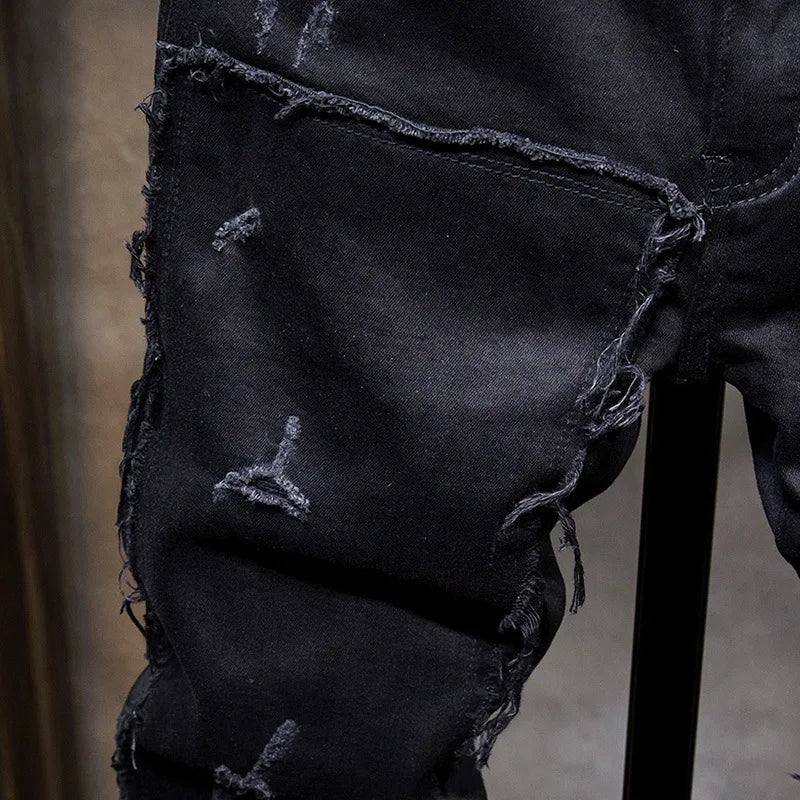 Black Patch Ripped Jeans Fashion Korean High Street Beggar Pants Knee Raw Edge Men's Spring and Autumn Pantalon Skinny Homme