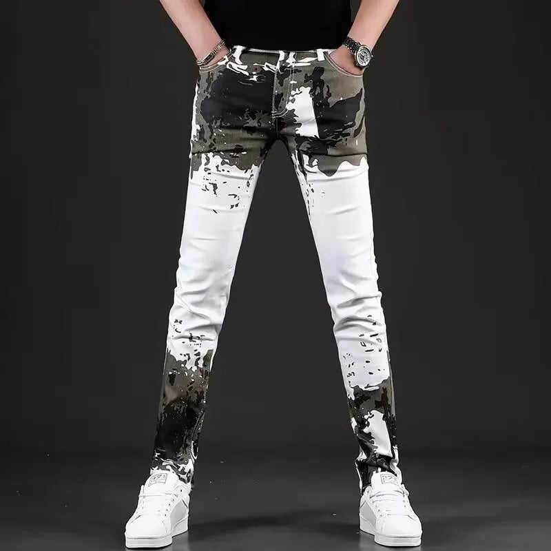 Y2K Spring New Men Beauty Printed Jeans Fashion Slim Small Feet Cargo Jean Pants Brand Quality Man Denim Trouser Pantalon Homme