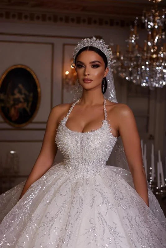 2026 Customized Luxury Sexy Strap Wedding Dress Off Shoulder Beaded A-line Prom Dresses Sparkling Royal Tulle Bride Dress