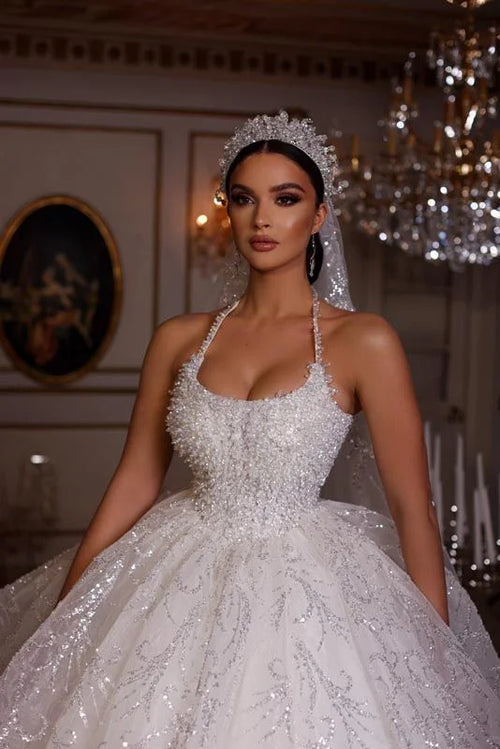 2026 Customized Luxury Sexy Strap Wedding Dress Off Shoulder Beaded A-line Prom Dresses Sparkling Royal Tulle Bride Dress
