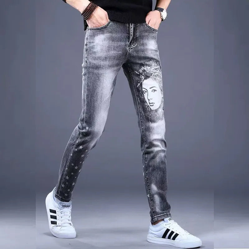 Y2K Spring New Men Beauty Printed Jeans Fashion Slim Small Feet Cargo Jean Pants Brand Quality Man Denim Trouser Pantalon Homme