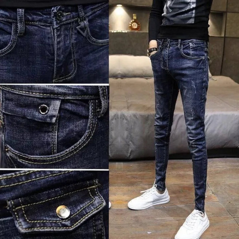 Black Patch Ripped Jeans Fashion Korean High Street Beggar Pants Knee Raw Edge Men's Spring and Autumn Pantalon Skinny Homme