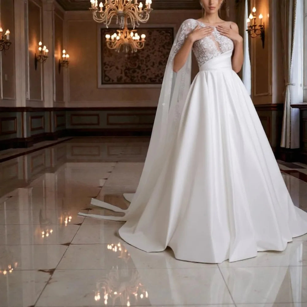 Custom One Shoulder Lace Satin A Line Wedding Dress 2026 Cathedral Train Bridal Gown Plus Size Vestido De Novia