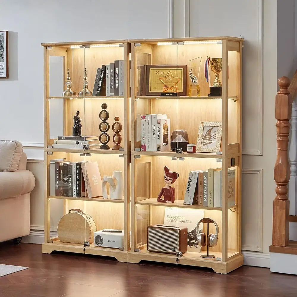 Dual Glass Door Display Cabinets with 3-Color LED Motion-Sensor Light, Natural Wood Finish