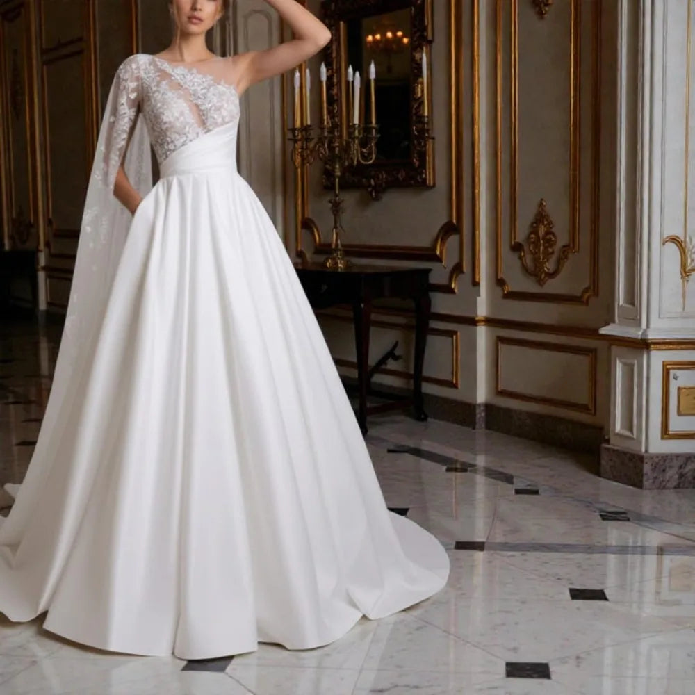 Custom One Shoulder Lace Satin A Line Wedding Dress 2026 Cathedral Train Bridal Gown Plus Size Vestido De Novia