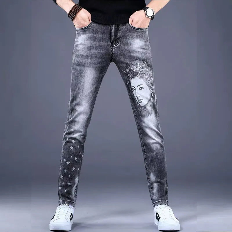 Y2K Spring New Men Beauty Printed Jeans Fashion Slim Small Feet Cargo Jean Pants Brand Quality Man Denim Trouser Pantalon Homme