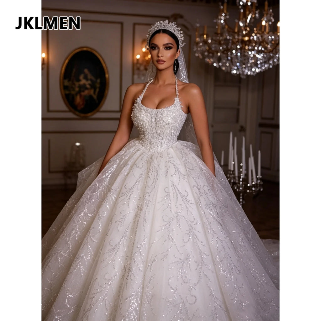 2026 Customized Luxury Sexy Strap Wedding Dress Off Shoulder Beaded A-line Prom Dresses Sparkling Royal Tulle Bride Dress