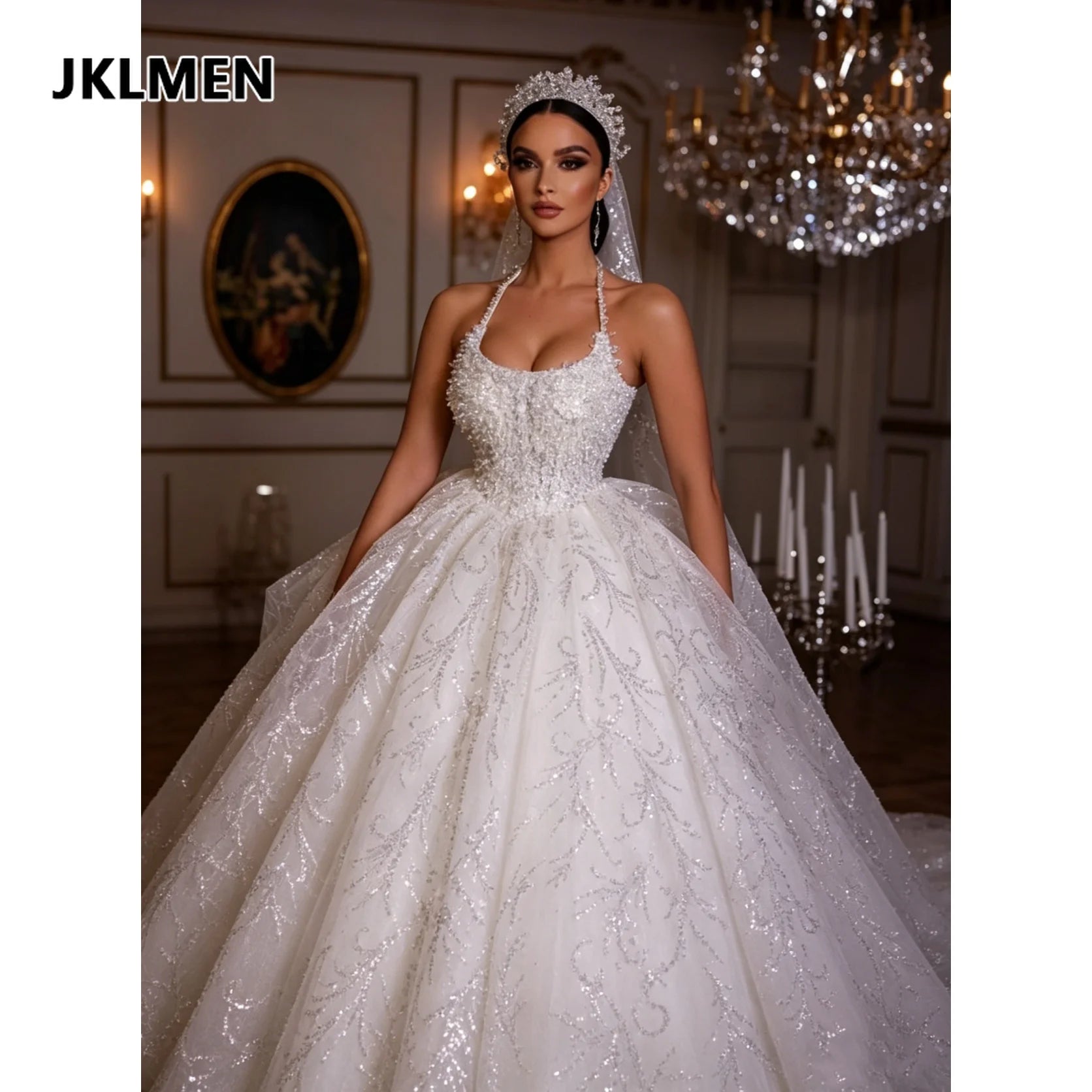 2026 Customized Luxury Sexy Strap Wedding Dress Off Shoulder Beaded A-line Prom Dresses Sparkling Royal Tulle Bride Dress