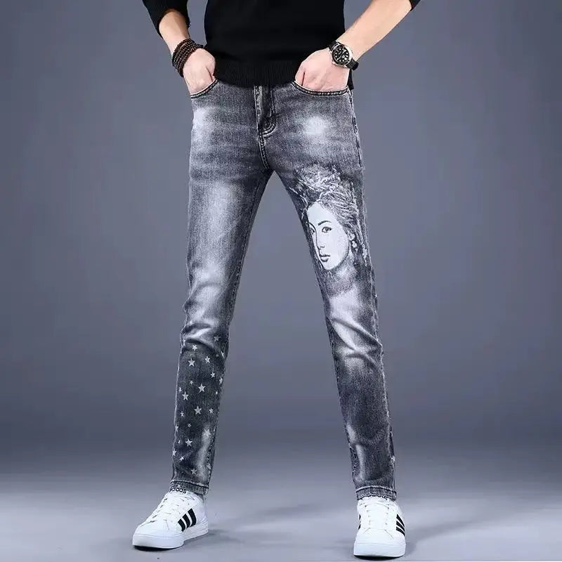 Y2K Spring New Men Beauty Printed Jeans Fashion Slim Small Feet Cargo Jean Pants Brand Quality Man Denim Trouser Pantalon Homme