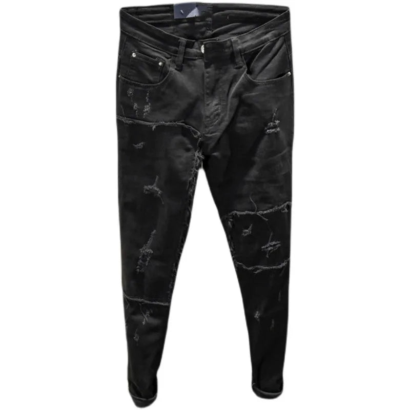 Black Patch Ripped Jeans Fashion Korean High Street Beggar Pants Knee Raw Edge Men's Spring and Autumn Pantalon Skinny Homme