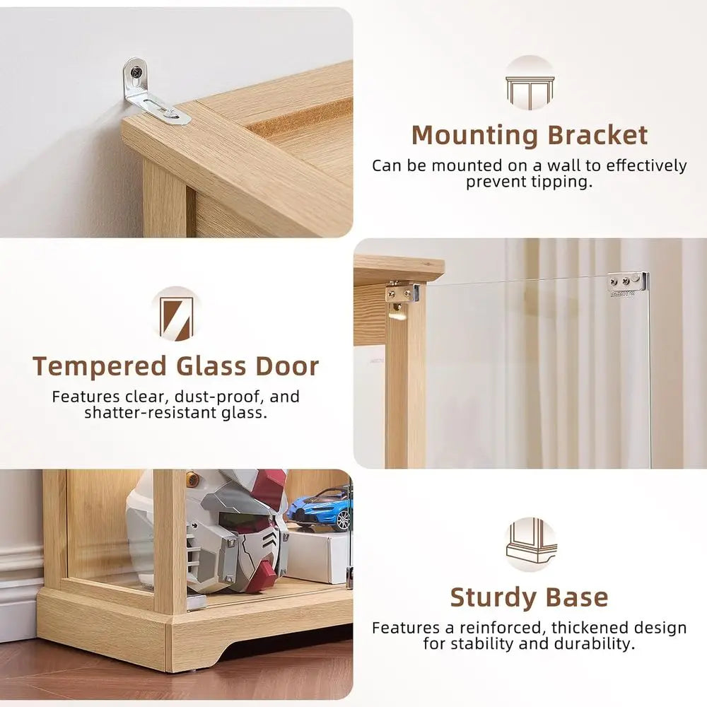 Dual Glass Door Display Cabinets with 3-Color LED Motion-Sensor Light, Natural Wood Finish
