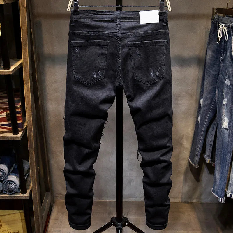 Black Patch Ripped Jeans Fashion Korean High Street Beggar Pants Knee Raw Edge Men's Spring and Autumn Pantalon Skinny Homme