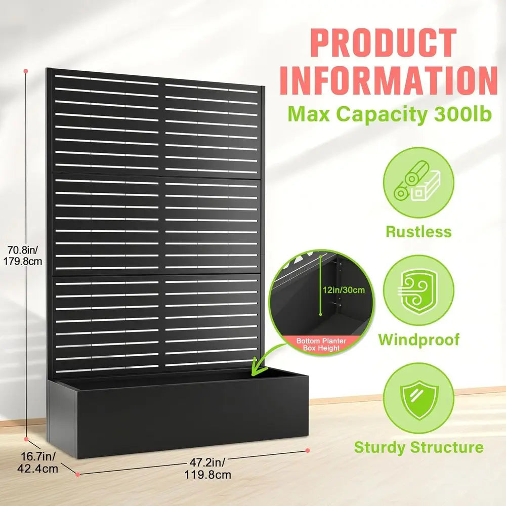 Black 47L x 17W x 71H Metal Planter with Trellis, Drainage, and Privacy Screen for Climbing Plants