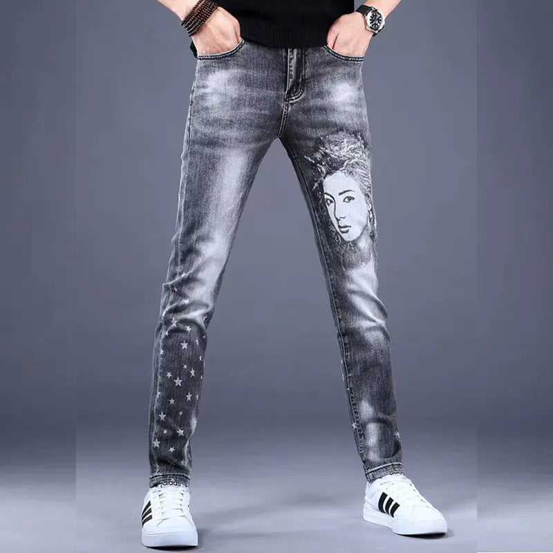 Y2K Spring New Men Beauty Printed Jeans Fashion Slim Small Feet Cargo Jean Pants Brand Quality Man Denim Trouser Pantalon Homme