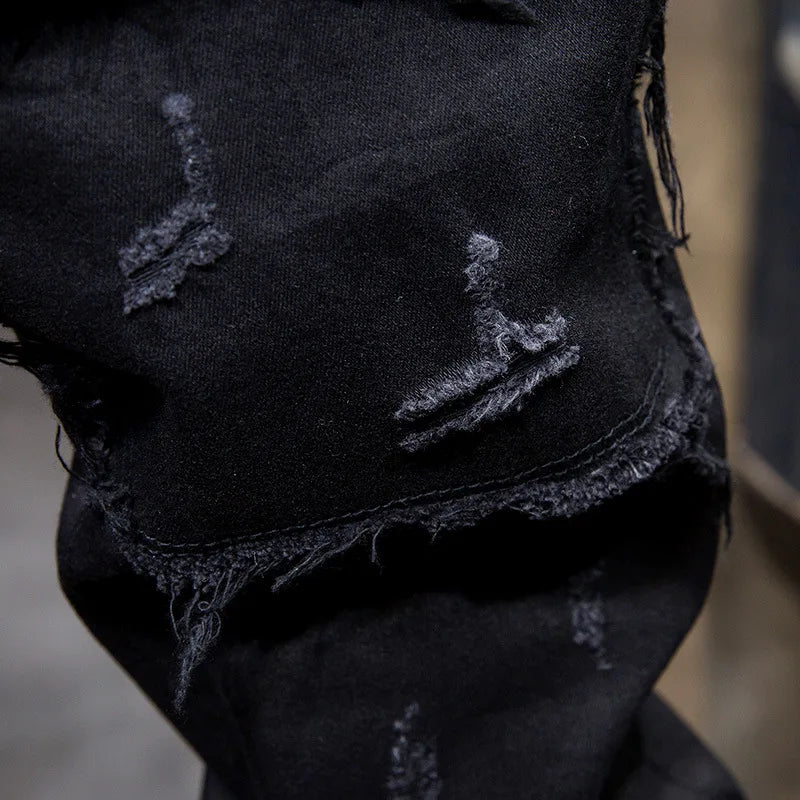 Black Patch Ripped Jeans Fashion Korean High Street Beggar Pants Knee Raw Edge Men's Spring and Autumn Pantalon Skinny Homme