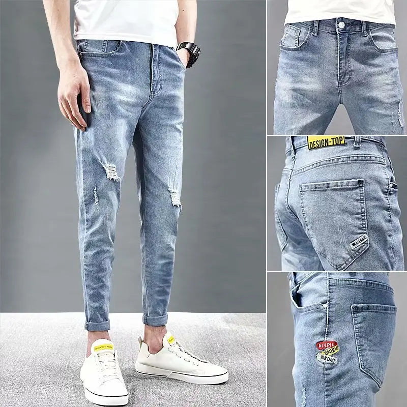 Black Patch Ripped Jeans Fashion Korean High Street Beggar Pants Knee Raw Edge Men's Spring and Autumn Pantalon Skinny Homme