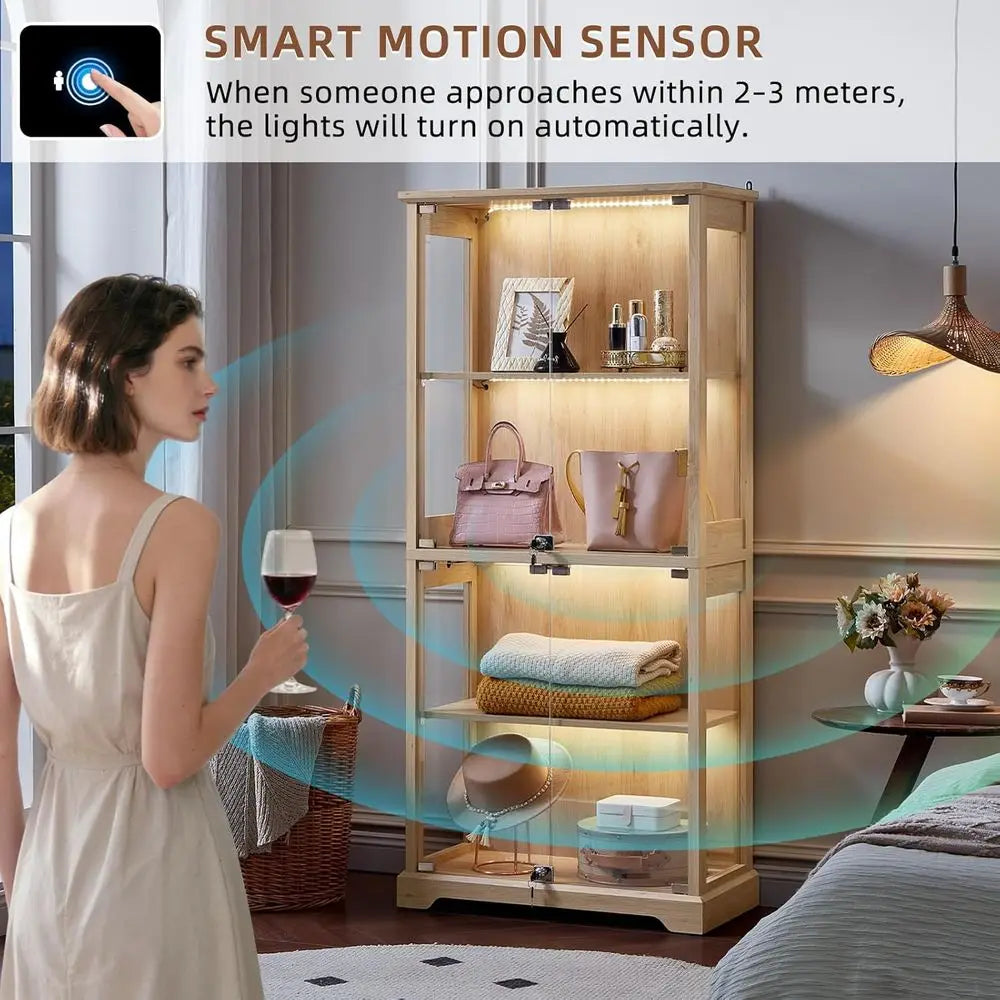 Dual Glass Door Display Cabinets with 3-Color LED Motion-Sensor Light, Natural Wood Finish