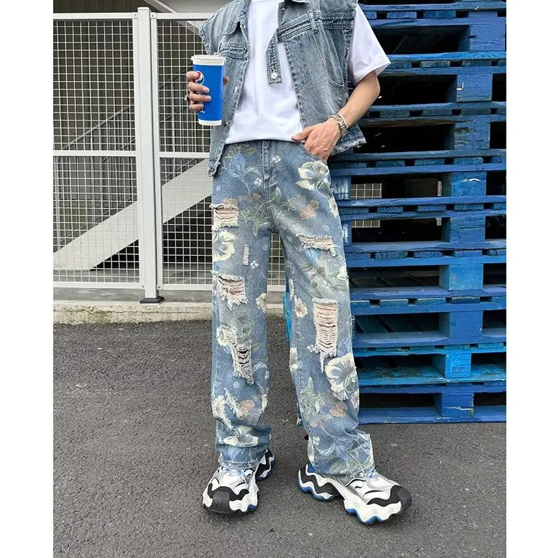 2024 Ropa Y2K Streetwear Flowers Print Ripped Baggy Jeans Pants Men Design Clothes Straight Grunge Denim Trousers Pantalon Homme