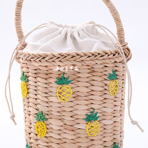 Pineapple Embellished Wicker Straw Basket Handbag