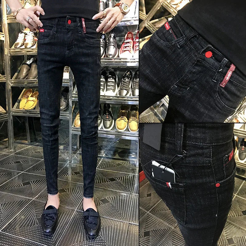 Black Patch Ripped Jeans Fashion Korean High Street Beggar Pants Knee Raw Edge Men's Spring and Autumn Pantalon Skinny Homme