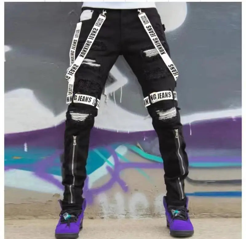 2022 Vibe Style Patch Straps Hole Ripped Punk Men Slim Jeans Trousers Zipper Hip Hop Vintage Pencil Denim Pants Pantalon Homme