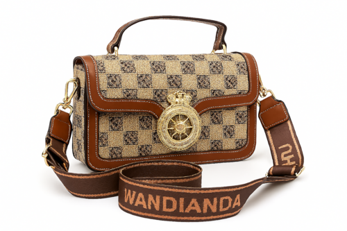 Vintage Checkered Handbag with Gold Emblem Detail