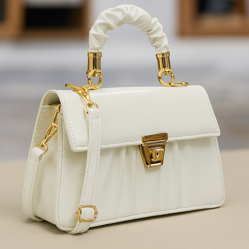 Structured Handbag with Gold Accents-White